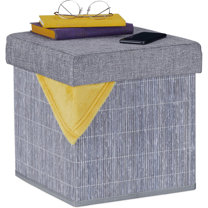 Relaxdays Sitzhocker mit Stauraum, faltbar, Bambus, Stoff, 36x35x35 cm, grau