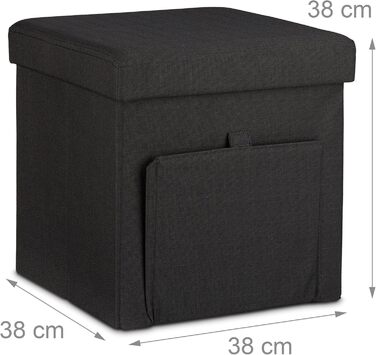 Relaxdays Faltbarer Sitzhocker, Leinen, Aufbewahrungsbox, abnehmbarer Deckel, 38x38x38 cm, Schwarz