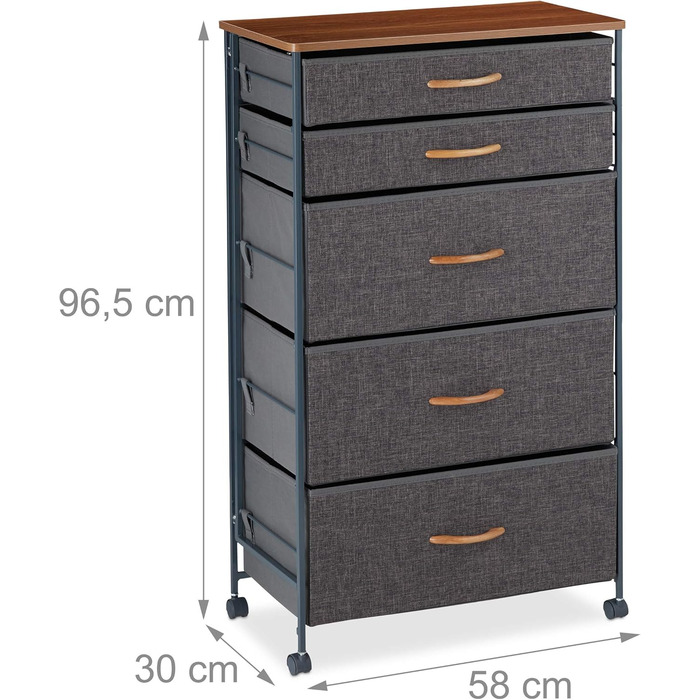 Relaxdays Roll-Schubladenschrank, 6 Stoffschubladen, Holzoptik, 74,5x58x30 cm, grau (Design C)