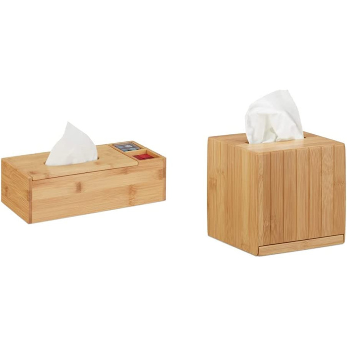 Relaxdays Tuchspender mit Deckel, für Bad & Büro, mit 2 Fächern, modern, Bambus Organizer, HBT 9 x 30,5 x 14,5 cm, Natur, 1 Stück (Bundle mit Kosmetiktücherbox)