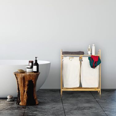Relaxdays Wäschekorb Bambus, Wäschesortierer mit Ablage, 2 Fächer, ausziehbar, tragbarer Wäschebehälter, 60 Liter, Natur, 1 S