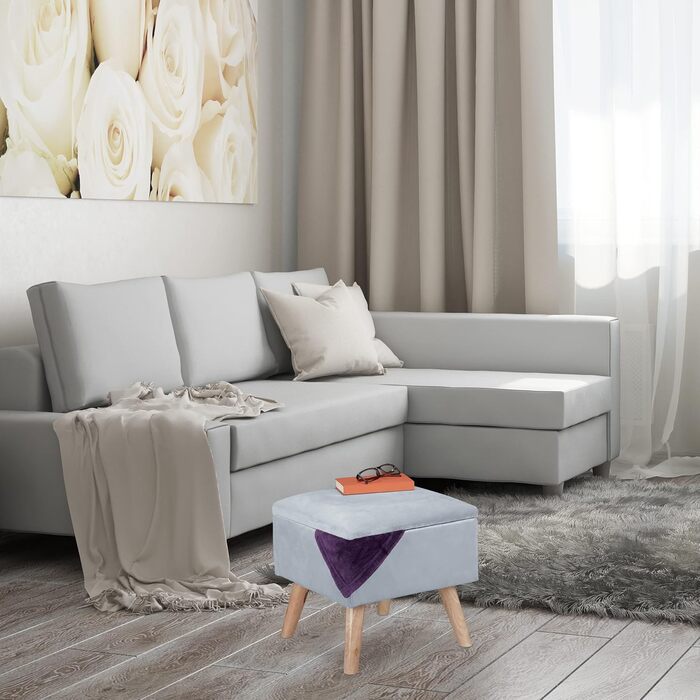 Relaxdays Samthocker mit Stauraum, gepolstert, eckig, Holzbeine, 40x40x40 cm, Hellgrau