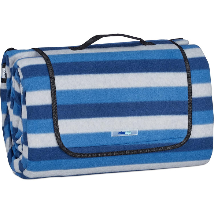 Relaxdays XXL Picknickdecke, 200x300 cm, isoliert, wasserdicht, gestreifte Fleece Stranddecke, Tragegriff, blau/weiß