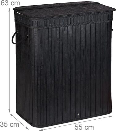 Relaxdays Wäschesortierer, Bambus, 3 Fächer, je 30 Liter, Wäschekorb mit Deckel, Griffe, HxBxT: 63 x 55 x 35 cm, (Schwarz)
