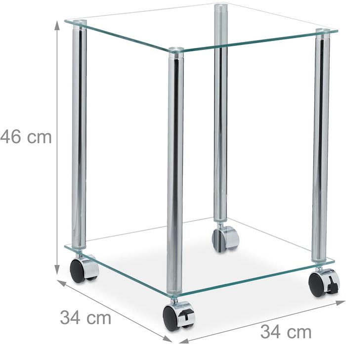 Relaxdays Beistelltisch mit Rollen, 2 Ablagen, eckig, Wohnzimmer, Glas & Stahl, mobiler Couchtisch, transparent/silber