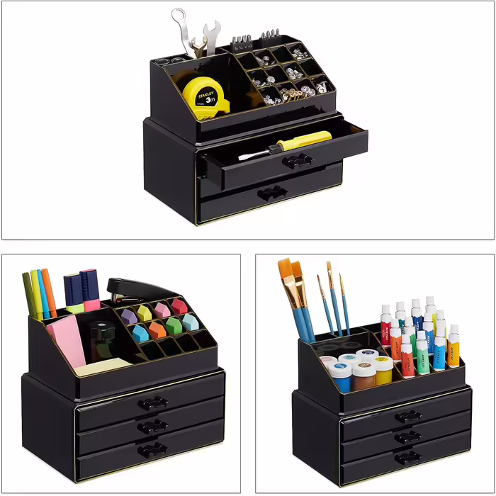 Relaxdays  x Make Up Organizer klein, 2-teilige Schminkaufbewahrung mit 3 Schubladen, stapelbares Kosmetikregal,    9 x 23.5 x 4 cm (1, Schwarz-gold, 1 Stück)