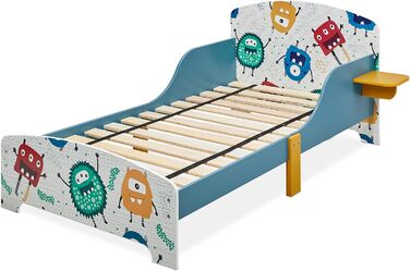 Relaxdays Kinderbett, HBT: 60x94x143 cm, Kleinkindbett mit Ablage, Rausfallschutz, Lattenrost, Monster-Motiv, MDF, bunt