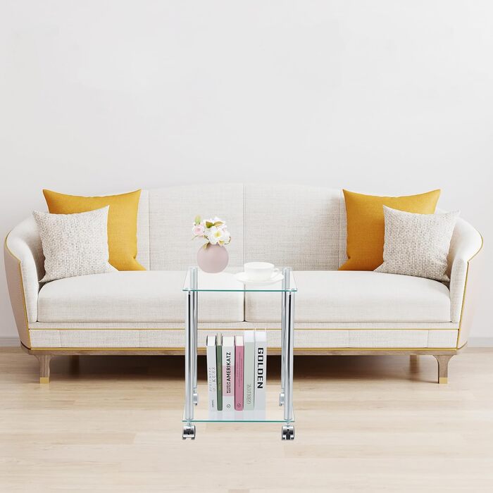 Relaxdays Beistelltisch mit Rollen, 2 Ablagen, eckig, Wohnzimmer, Glas & Stahl, mobiler Couchtisch, transparent/silber