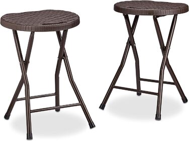 Relaxdays Klapphocker BASTIAN rund, 2 Stk. Faltbar, Kunststoff, Rattanoptik, Wetterfest HxBxT: 45 x 32,5 x 29 cm, braun
