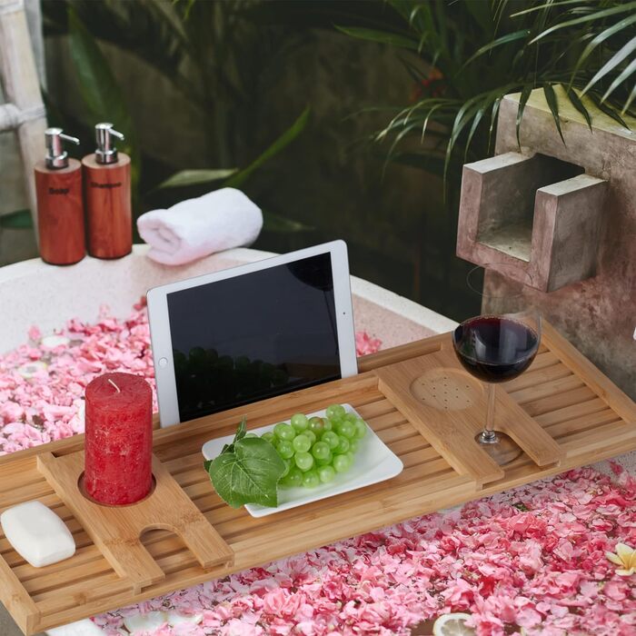 Relaxdays Badewannenablage Bambus, 73,5 cm breit, Badewannenbrett mit Glas- & Tablethalter, Badewannentablett, Natur