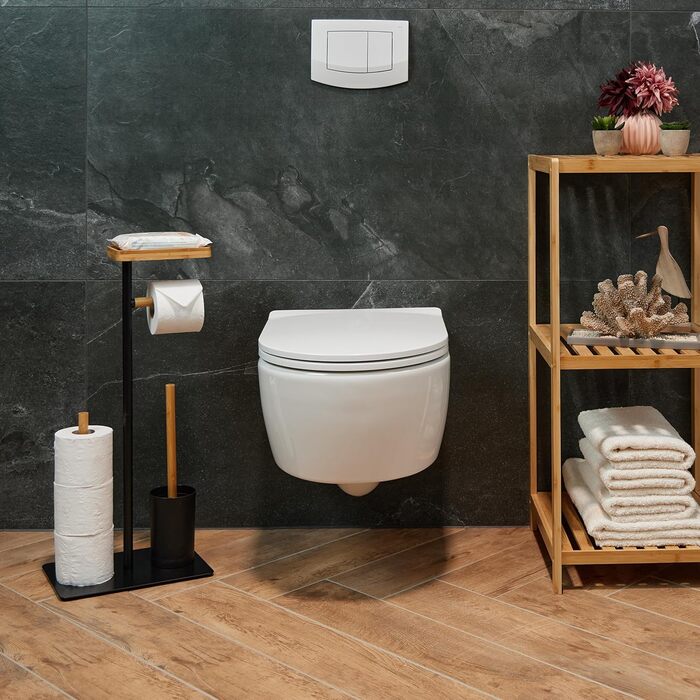 Relaxdays WC Garnitur, Bambus, Eisen, freistehender Klopapierhalter, Toilettenbürste mit Halter, schwarz/Natur