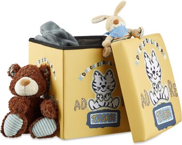 Relaxdays Sitzhocker für Kinder, faltbar, mit Stauraum, Aufbewahrungsbox mit Deckel, HxBxT 38 x 38 x 38 cm, (Tiger)