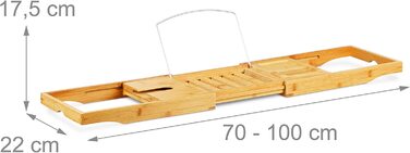 Relaxdays Badewannenablage Bambus mit Buchstütze HxBxT 17,5 x 70 x 22 cm, Weinglashalter, Badewannenbrett, Ablage, natur