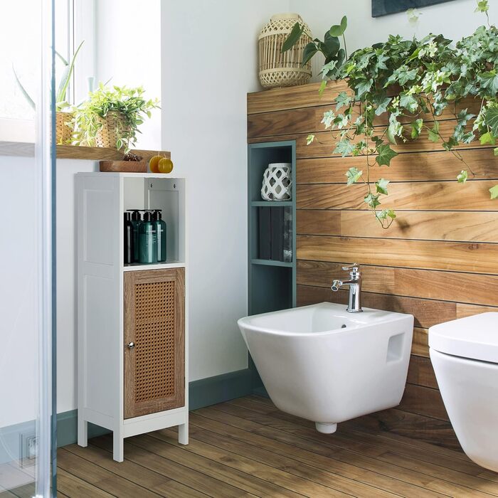 Relaxdays Badezimmerschrank, 3 Fächer, 96,5x30x30 cm, schmal, Rattan-Tür, weiß/Natur