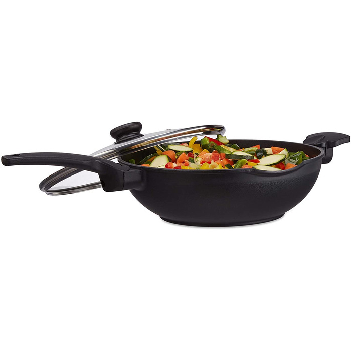 Relaxdays Wokpfanne mit Glasdeckel 30 cm, Wok mit Antihaftbeschichtung für Gas-, Elektroherd, Griff, 4 Liter, schwarz