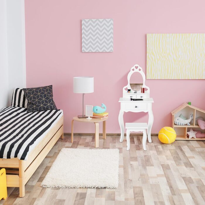 Relaxdays Kinder Schminktisch mit Spiegel & Hocker, 110x50x30 cm, ab 3 Jahre, weiß