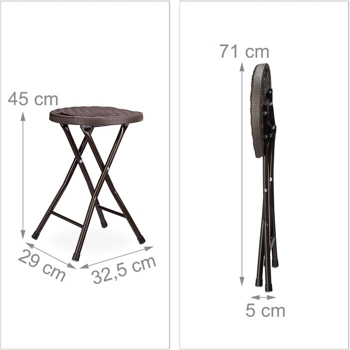 Relaxdays Klapphocker BASTIAN rund, 2 Stk. Faltbar, Kunststoff, Rattanoptik, Wetterfest HxBxT: 45 x 32,5 x 29 cm, braun
