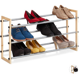 Relaxdays Schuhregal ausziehbar, offener Schuhständer mit 2 Ebenen, Holz & Eisen, erweiterbar bis 118 cm Breite, Natur (3 Etagen)