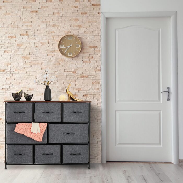 Relaxdays Kommode Industrial, 78,5x100x30 cm, 8 Schubladen, Stoff/Metall, Holzoptik, Sideboard, grau/braun