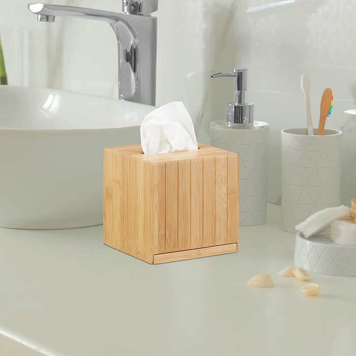 Relaxdays Tuchspender mit Deckel, für Bad & Büro, mit 2 Fächern, modern, Bambus Organizer, HBT 9 x 30,5 x 14,5 cm, Natur, 1 Stück (Bundle mit Kosmetiktücherbox)