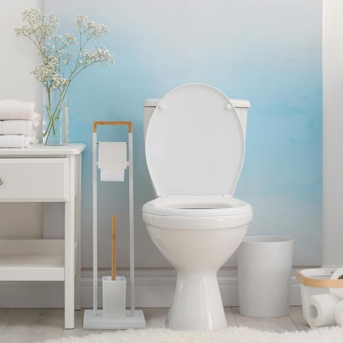 Relaxdays WC Garnitur, Bambus, Edelstahl, stehender Klopapierhalter, Toilettenbürste mit Halter (Weiß/Natur)