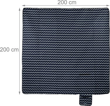 Relaxdays XXL Picknickdecke, 200x200 cm, Fleece Stranddecke, wärmeisoliert, wasserdicht, mit Tragegriff, dunkelblau/weiß