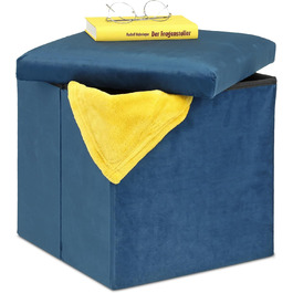 Relaxdays Sitzhocker, faltbar, 38x38x38 cm, Stauraum, MDF & Samt, blau