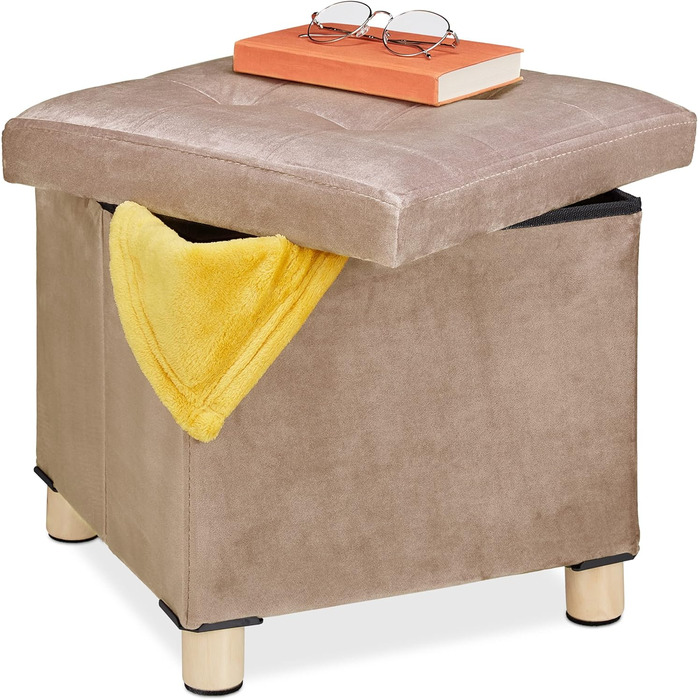 Relaxdays Samthocker mit Stauraum, Tablett, Holzbeine, eckig, 35x38x38 cm, Holz (Creme)