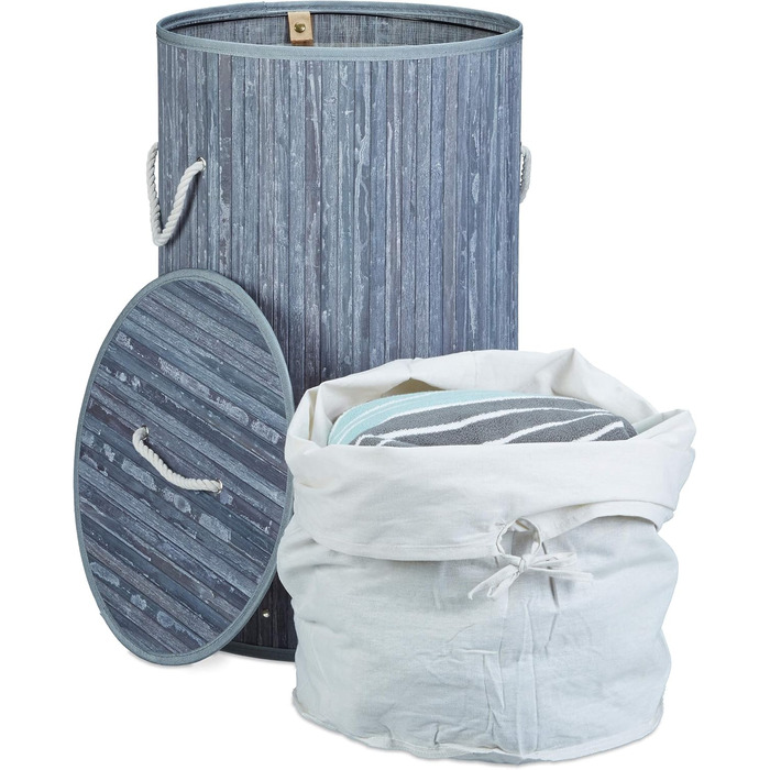 Relaxdays Wäschekorb Bambus, faltbar, mit Deckel, 70 l, Wäschesack Baumwolle, rund Ø 41 cm, Grau