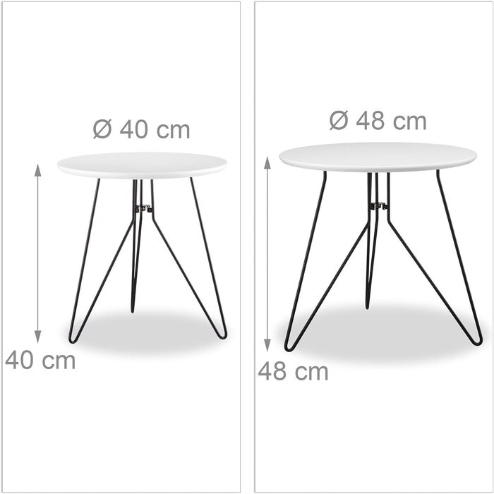 Relaxdays Beistelltisch 2er-Set, runde Satztische mit Metallgestell, Ablagetische, Tischplatte 40 u. 48 cm, MDF, Schwarz-Weiß, Standard