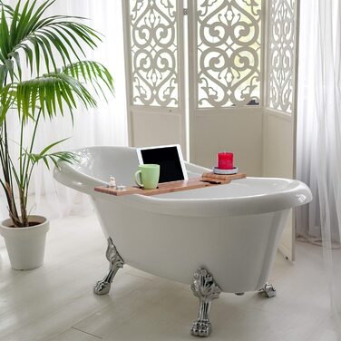 Relaxdays Badewannenablage Bambus, 70cm breit, Badetablett für Glas, Handy, Tablet, Badewannenbrett zum Einhängen, natur