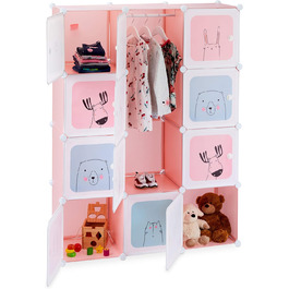 Relaxdays Steckregal Kinderzimmer, Mädchen, lustige Motive, DIY Schrank mit Türen, 145x110x37,5 cm, rosa