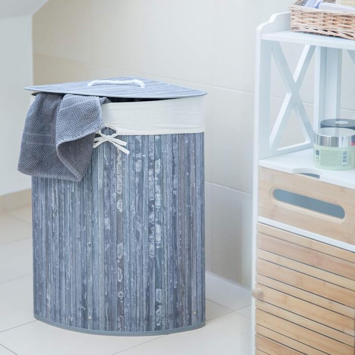 Relaxdays Eckwäschekorb, faltbar, 60 l, Baumwolle, HBT 65x49,5x37 cm, Grau, Bambusdeckel abnehmbar