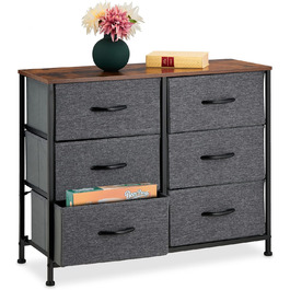 Relaxdays Kommode, 63x80x30 cm, Metall & Holzoptik, 6 Stoff-Schubladen, Moderne Beistellkommode, Mehrfarbig