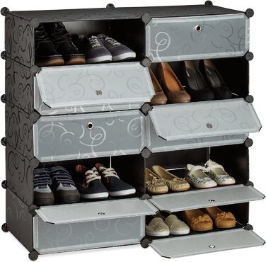 Relaxdays Schuhschrank mit 10 Fächern, Schuhregal groß, Steckregal Kunststoff, DIY, HxBxT ca. 90 x 94 x 37 cm, (Schwarz)