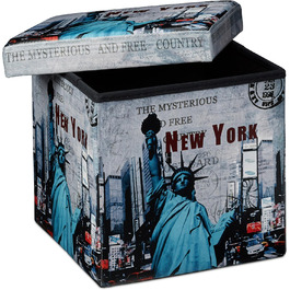 Relaxdays Faltbarer Sitzhocker 38 cm, stabiler Sitzwürfel, Kunstleder, Stauraum, New York Motiv