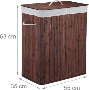 Relaxdays Wäschekorb Bambus mit Deckel, rechteckiger Wäschesammler, 2 Fächer, 95 l Volumen, faltbare Wäschebox, (Braun)