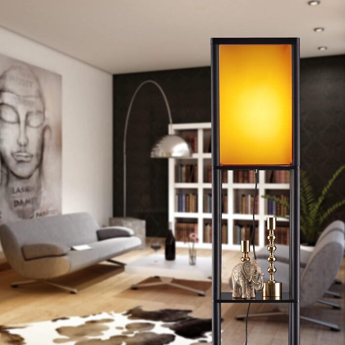 Relaxdays Stehlampe mit Regal, E27, 3 Ablagen, modernes Design, 159x26x26 cm, schwarz-braun