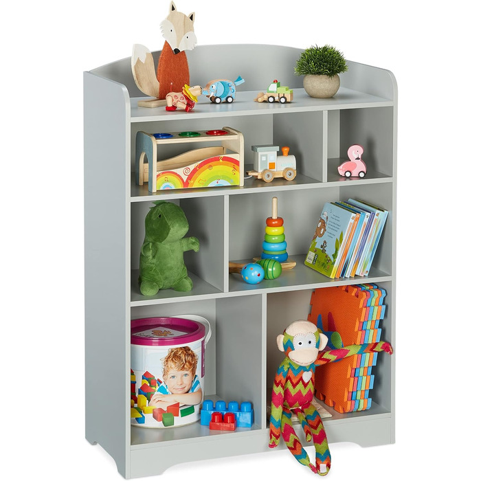 Relaxdays Kinderregal, HxBxT: 100 x 71,5 x 34 cm, 7 Fächer, MDF, Aufbewahrungsregal Kinderzimmer, Spielzeugregal, grau