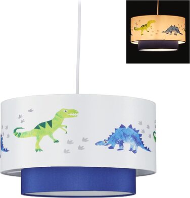 Relaxdays Dino Hängelampe, runder Lampenschirm mit Dinosaurier-Motiv, für Kinder- & Babyzimmer, HxD 126x30 cm, weiß-blau