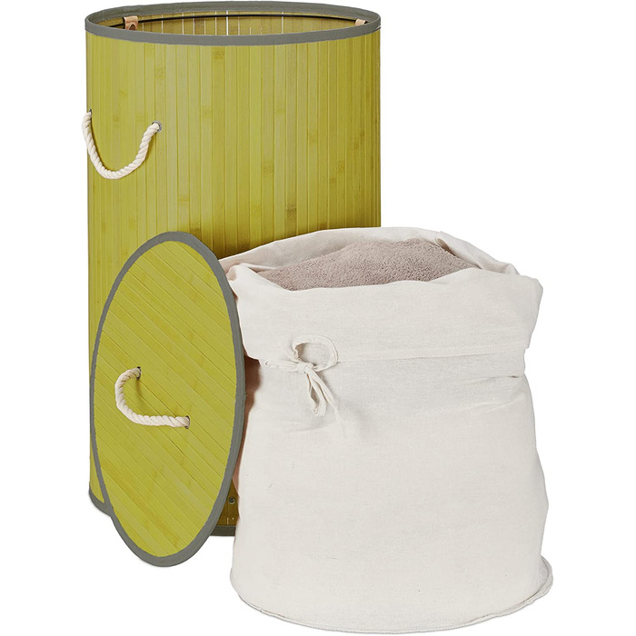 Relaxdays Wäschekorb Bambus, faltbar, 70 l, Wäschesack Baumwolle, rund Ø 41 cm, mit Deckel, grün