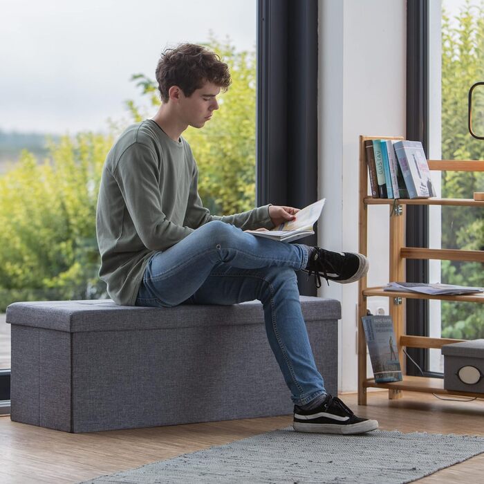 Relaxdays Faltbare Sitzbank XXL, Sitzcube mit Stauraum, Leinen, 38x114x38 cm, Dunkelgrau