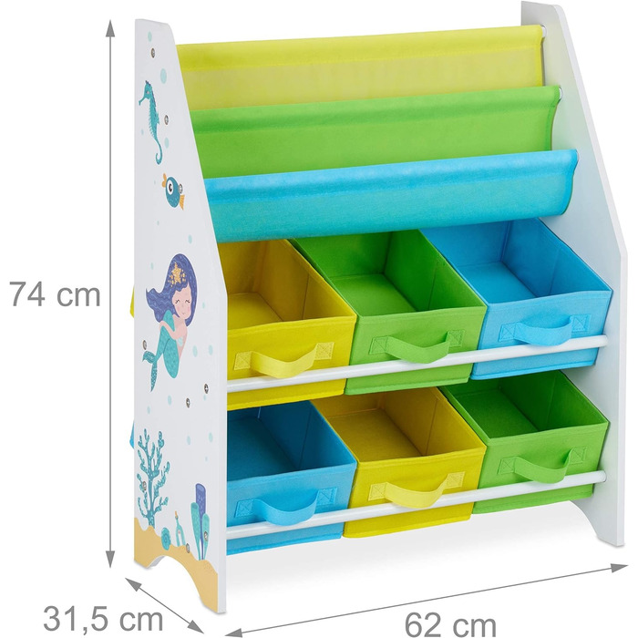 Relaxdays Kinderregal, Tiere Motiv, 6 Boxen, 2 Fächer, Kinderzimmer, Spielzeug Aufbewahrung HBT 74 x 62 x 31,5 cm, bunt, Holzwerkstoff,  1 Stück (Meerjungfrau)