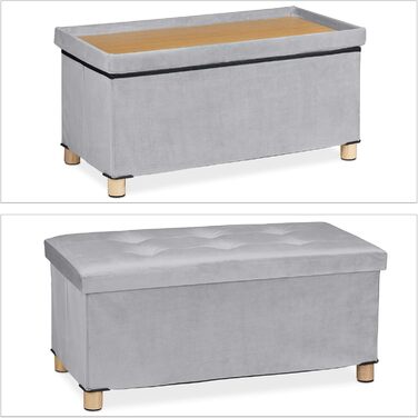 Relaxdays Sitzbank mit Stauraum, Samt, Holzfüße, 120 kg, faltbar, 34x76x38 cm, Hellgrau