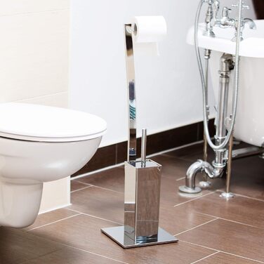 Relaxdays Stand WC Garnitur WIMEDO eckig HBT: 71 x 20 x 20 cm Toilettenbürstenhalter aus Edelstahl mit Lackierung Toilettenpapierhalter und Klorollenhalter als freistehende WC Bürstengarnitur, (Silber)