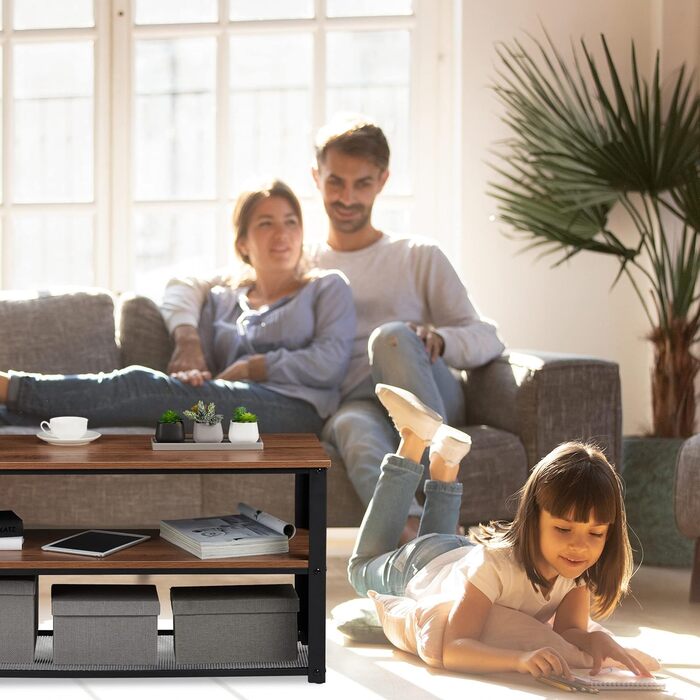 Relaxdays TV Bank, 3 Ablagen, Metall, Holzmaserung, für Wohnzimmer, Industrial, Couchtisch, HxBxT: 51x100x40 cm, braun
