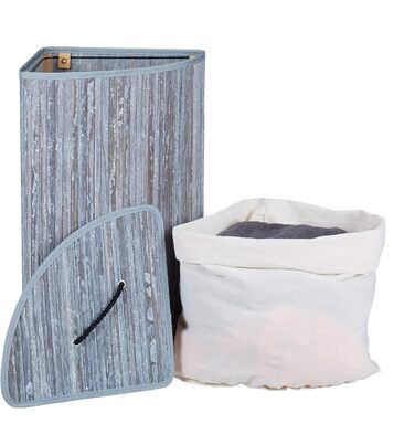 Relaxdays Eckwäschekorb Bambus, faltbar, 60L, 2 Wäschesäcke, HBT 66x49,5x37 cm, grau, 1 Stück