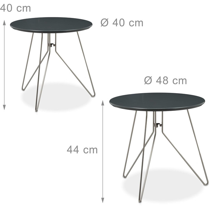 Relaxdays Beistelltisch 2er-Set, runde Satztische mit Metallgestell, Ablagetische, Tischplatte 40 u. 48 cm, MDF,  Standard (Grau)