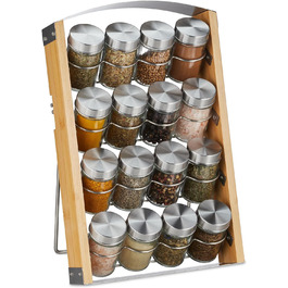Relaxdays Gewürzständer inkl. 16 Gewürzdosen, 80 ml, Bambus Gewürzregal, HBT: 37x23,5x18 cm, Natur/Silber