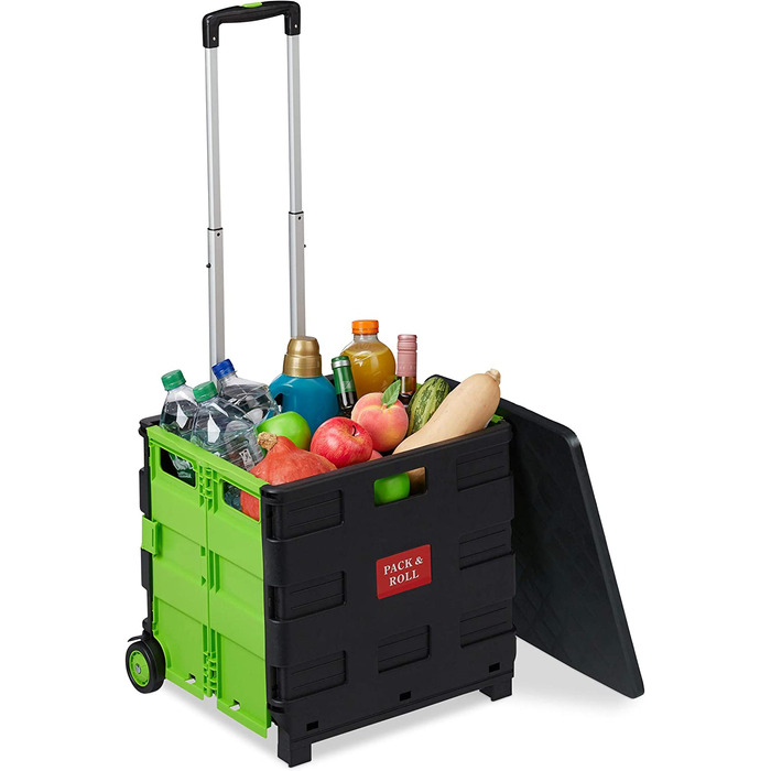 Relaxdays Einkaufstrolley klappbar, bis 35 kg, 50 l Kiste, mit Teleskopgriff, 2 Rollen, Transport Trolley, grün/schwarz